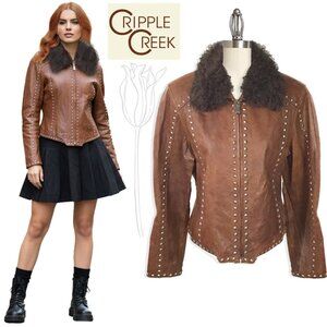 CLIPPER CREEK Stud Faux Fur Distressed Leather Jacket